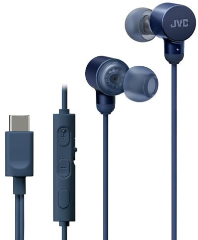 JVC HA-FR29UC-A in Blue USB Type C Lightweight Comfortable Wired Headphones, Hi-Res Audio, Microphone & Volume Control, IPX2 Rated, D/A Converter Minimises Noise & Sound Degradation