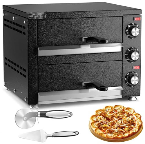 12-Inch Electric Pizza Oven, 2200W Commercial Pizza Maker with Pizza Stone and Timer, 122-572℉ Adjustable temperature, 2 Tier Countertop Pizza Oven with Insulated Handle, Drawer Toaster Oven for Hotel