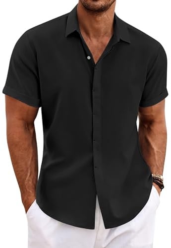COOFANDY Chemises en Lin Chemise à Manches Courtes pour Hommes Coupe régulière Noir M