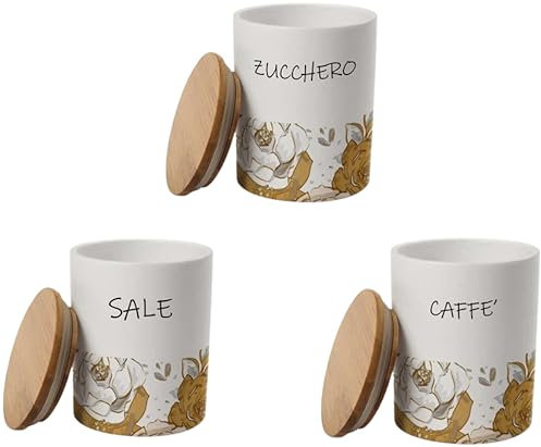 MECSAL CASALINGHI Set 3 Barattoli Decorati Contenitori, Tris Sale Zucchero Caffè, in Ceramica Tondi, con Tappo in Legno, Stile Shabby (1, Rotondo Lux)
