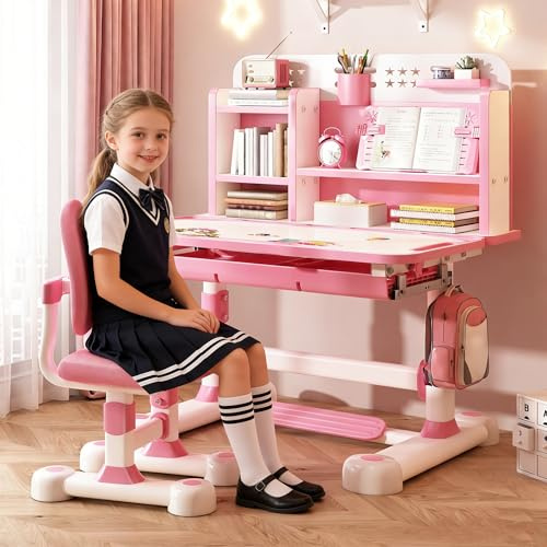 iondelce Kinderschreibtisch mit Stuhl, Mädchen Schreibtisch mit neigbarer Tischplatte, Höhenverstellbar, Schreibtisch Kinder ab 6 Jahren für Lernen, Malen, Basteln (Rosa D)