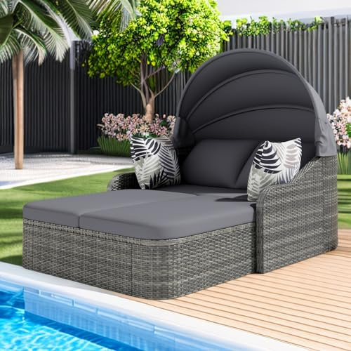 Gartenmöbel Set Sonneninsel, Balkonmöbel Gartenlounge, PE-Rattan mit Verstellbarem Baldachin, Allwetter-Terrassen-Sonnenliege Doppel Lounge mit 4 Kissen und abnehmbarem Kissenbezug für Garten Pool