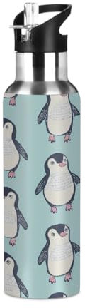 Mexpekil Borraccia termica in acciaio inox con cannuccia a tenuta stagna, 600 ml, motivo pinguino, per bambini e adulti