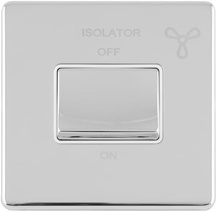 Kooples Hardware Concealed 3mm Fan Isolator Switch with White Trim – Slim Profile Electrical Isolator for Bathroom & Kitchen Fans – Easy Installation Fixings Included (Polished Chrome)