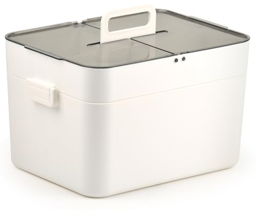 BOPEUY 2-Stöckige Medikamenten Aufbewahrung, Medizinbox mit Griffen, Schichten Medizin Aufbewahrungsbox, Medikamentenbox Groß, Medikamenten Organizer, Tragbare Medizinbox, für Haushalt & Reisen - Weiß