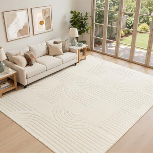 Topfinel Kurzflor Teppich Weiß 230x340 Wellen 3D-Effekt Waschbarer Creme Teppiche Extra Groß Weich Flauschig Antirutsch für Wohnzimmer Schlafzimmer Kinderzimmer Teppiche Esszimmer Modern Felloptik