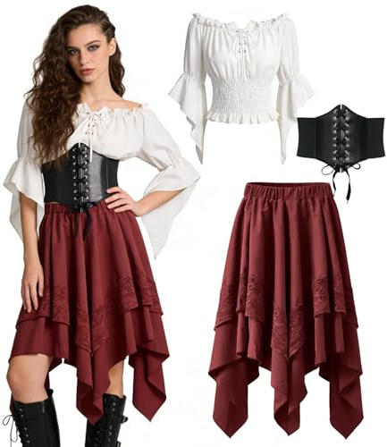 minkasic Damen Piratenkostüm Mittelalter Kleid Gothic Outfit mit Gürtel Weiße Bluse & Rock Set, Festival Outfit für Karneval Halloween Party