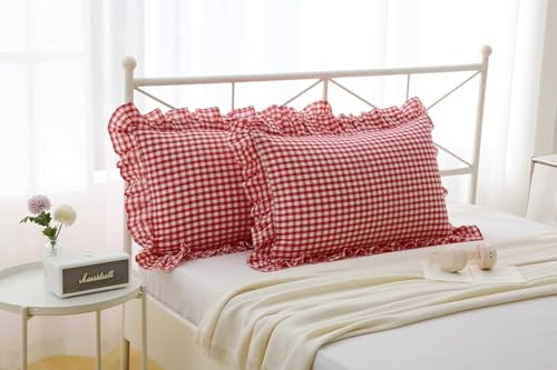 Meaning4 Rot-weiß Karierte Kissenbezüge mit Rüschen, 40x80 cm, 2er-Set – 100% Baumwolle, Landhausstil – Für Kopfkissen, Sofa, Auto, Garten & Daybed