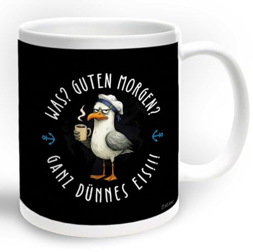 GuMo-Becher - Tasse mit lustigem Motiv - 330ml Kaffeetasse mit Spruch - Typisch norddeutsches Souvenir mit Möwen-Motiven - Perfekt fürs Büro - Ganz dünnes Eis