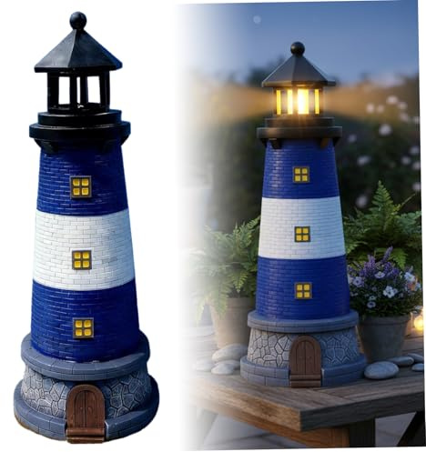 Ginwrek Solar Leuchtturm, Automatisch Drehbar Wasserdicht Solar Leuchtturm Außen für Hof, Terrasse, Boden, Tischdekoration, Blau
