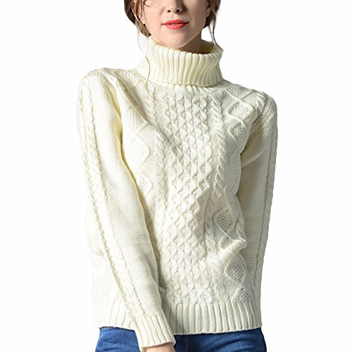 VERYCO Women Turtle Polo Neck Chunky Cable Knit Long Sleeve Pullover Jumper Sweater Tops (M, Creamy White)