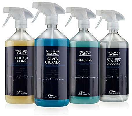 New Improved Williams Racing Car Care Cleaning Essentials Quad Pack (Glass Cleaner, Upholstery, Tyre and Cockpit Shine)