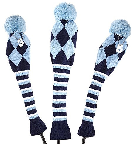 Set di 3 copritesta per mazze da golf a pon pon per driver e legni da golf, Blue
