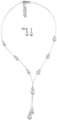Rivelle Damen Brautschmuck Set Perlenkette Ohrringe Schmuckset echte Süßwasserperlen creme Swarovski kristall Kette Collier Hochzeit Geschenkbox