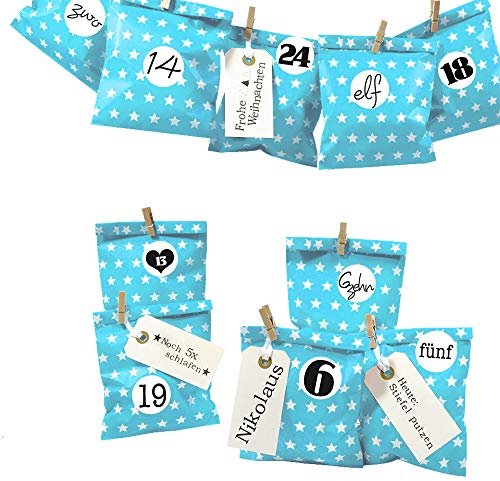 Frau WUNDERVoll® DIY Adventskalender zum Befüllen Bescherung: Set Stern 113, Papiertueten flach 13x16,5cm, beachblau Stern, Ziffern schwarz-weiß
