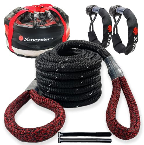 X MONSTER Kinetic Recovery Tow Rope 3/4 x 20' (MBS 22,000 lbs) with Reflective Tape and 2 Soft Shackles (35,000bs) Offroad Recovery Kit