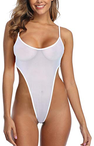 SHERRYLO genomskinlig baddräkt högt skuren mikromonokini bikini mini nät transparent baddräkt, Vitt, S