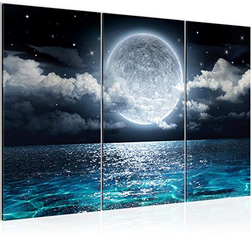 Runa Art Wandbilder Vollmond Meer Bild XXL Wohnzimmer Schlafzimmer Blau Nachthimmel Mond 120 x 80 cm 3 Teilig 025331a