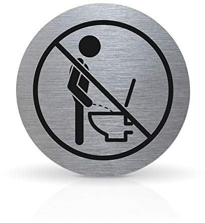 Betriebsausstattung24® Türschild Piktogramm Bitte nicht im Stehen pinkeln - Rundes Hinweisschild aus Aluminium - Für Ihre Tür & Wand - Silber - Durchmesser Ø 7,0 cm - Inkl. Klebepad