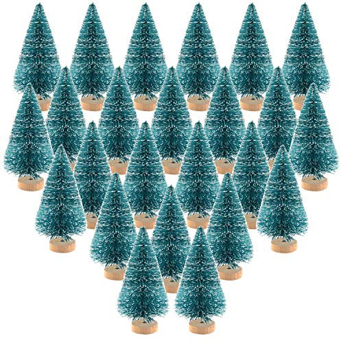 KUUQA Mini-Sisal-Bäume, Flaschenbürste, Mini-Weihnachtsbäume, Kiefernbäume mit Holzsockel, Winter-Schnee-Ornamente, Tischbäume für Weihnachtsdekorationen, Diorama-Modelle, kleine Bäume, 24 Stück