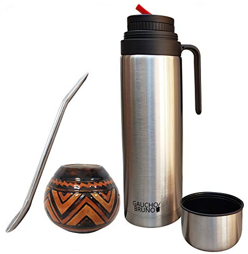 Gaucho Bruno - Kit con mate de cerámica bombilla y termo- Mate de cerámica con diseño tribal, bombilla de acero inoxidable y termo de acero inoxidable con pico cebador- Reusable