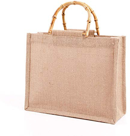GHBOTTOM Borsa per la spesa portatile in iuta con manici in bambù, 1, 25 cm