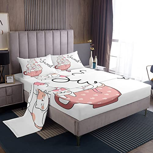 Gatti Carino Gatto Animale Set di Lenzuola per Bambini Ragazzi Ragazze Tazza Pet Cat Design Letto Set Bella Animali Lenzuola Camera 3 Pz Singolo Formato