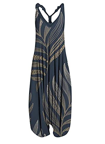 SSLLH Damen Jumpsuit Boho Lang Druck Ärmellos Vintage Sommerhose für Frauen Casual Lose Leichte Einteiler Rompers Mädchen Sommeroverall Haremshose, Grau, XL