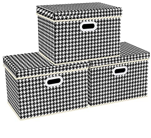 TYEERS Collapsible Large Storage Box with Lid, Patterns, Fabric Storage Box for Clothes Storage, Wardrobe Storage, 44x30x29 cm, Set of 3, Black