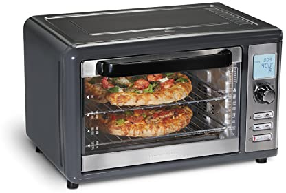 Hamilton Beach Countertop Digital Air Fryer Oven with Sure-Crisp, 6-in-1 Functionality, 150-450⁰F Temp Range, 1800W, XL Capacity for 2 12” Pizzas, Two 9” x 13” Pans and 4 Rack Positions, Grey (31390)