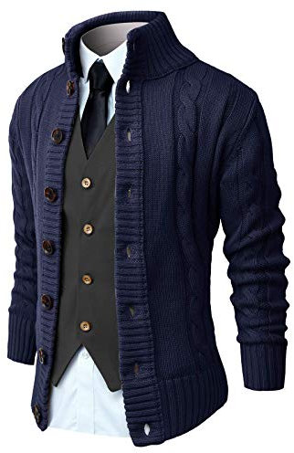 NITAGUT Men's Cardigans Long Sleeve Stand Collar Sweaters Button Down Cable Knitted Sweater(Navy Blue,L)