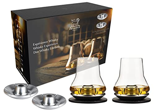 Peugeot - Coffret Dégustation Expériene Whisky - 2 Sets (Verre à Whisky + Socle Rafraîchissant + sous-Verre) + Livret - Coffret pour Les Amateurs de Digestifs