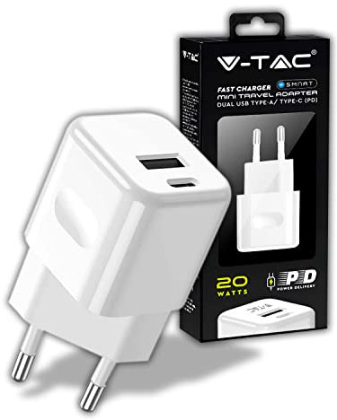 V-TAC Chargeur Rapide 20 W USB-C pour iPhone Samsung - Mini Chargeur Ultra Rapide pour Smartphone - Double Port USB Type C et USB A pour iPhone 11/12/13/14/PRO/MAX et S21/S22