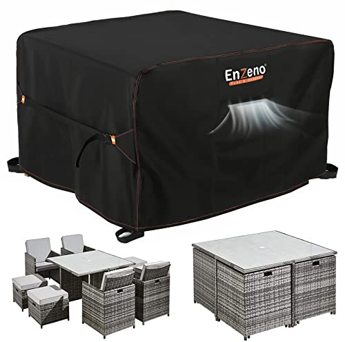 Enzeno Housse Salon de Jardin Exterieur avec évent,420D Oxford Tissu Housse Table de Jardin,Bâche de Protection pour Chaise Meubles Étanche Imperméable, Résistance au Vent, Anti-UV 150x150x74cm