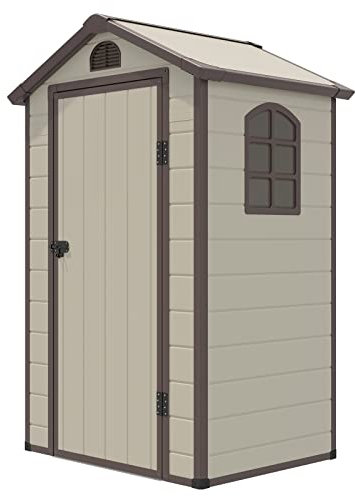 COSTWAY Outdoor Garden Storage Shed, 4.5 x 3.5 ft Weather Resistant Tool Storage House with Lockable Door, 2 Air Vents, Window and Door Ramp, Gardening Shed Box for Patio Lawn Backyard (Khaki+Brown)
