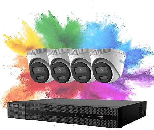 HiLook 4K NVR 5MP PoE CCTV Security Cam System, 4CH CCTV System with 2TB HDD NVR and 4X 5MP Motion Detection Outdoor ColoVU PoE IP Cameras, 30M White Light Night Vision, IPC-T259H(C) & NVR-104MH-C/4P