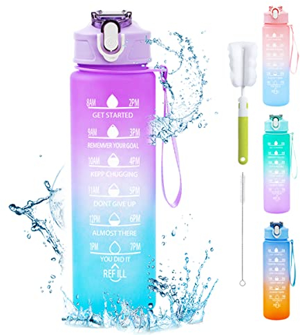 XZMCAT Gourde 750 ml, Gourde Sport avec Marqueur de Temps, Gourde avec Paille, Bouteille d'eau étanche avec Couvercle Sans BPA, Water Bottle pour Sport, Gym, Bureau, Course à Pied (Violettes)
