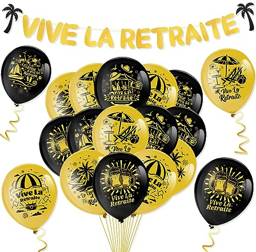 HOWAF Décoration Retraite, Ballon Retraite Bannière Retraite Bannière Vive La Retraite Banderole Retraite Bannière Retirement Decoration Retraite Fete Noir Or pour Cadeau Retraite Femme Homme