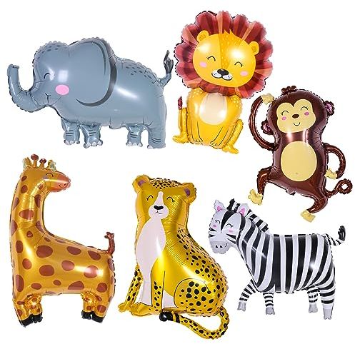 6 Stück Riesen Lächeln Dschungel Safari Tiere Luftballons, großer Affe, Elefant, Zebra, Leopard, Löwe, Giraffe, Folienballons für Wild One Safari, Zoo, Dschungel, Motto-Party, Babyparty,