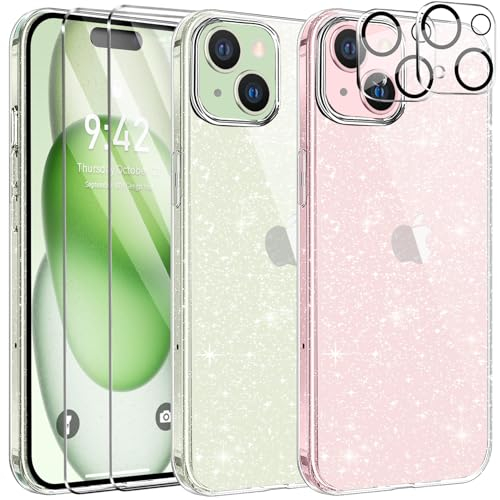 AROYI 5 in 1 Clear Glitter Case Compatible with iPhone 15 Plus Case with 2 Screen Protector and 2 Camera Lens Protector, Soft Bumper Sparkle Bling Women Girls Phone Case for iPhone 15 Plus 6.7