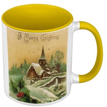 Tasse Farbe Premium Gelb – Merry Christmas Malerei Vintage Weihnachten Stechpalme Schnee – Tasse mit Henkel und farbigem Innenraum