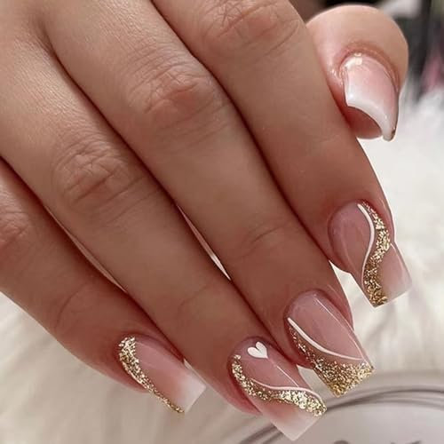 Sethexy Glossy Ombre Faux Ongles Nude Rose Ongles à coller Gradient Art Design Press on Nails 24Pcs Acrylique Faux Ongles Autocollants pour femmes et filles (Carré Moyen)