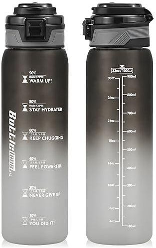 SEASEVEN Sports Water Bottle 1L,Plastic Drinks Bottle,1 Litre Water Bottles with Time Markings,Waterbottle Leak Proof and Bpa-Free for Gym,School, Office, Outdoor (Black White)