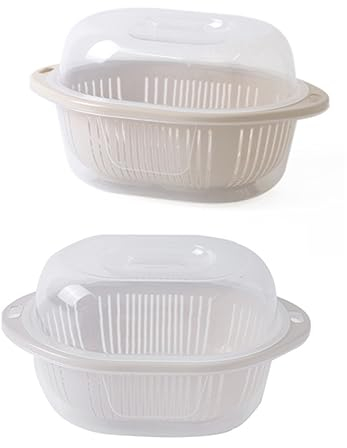 PRETYZOOM Cesta De Drenaje Doble Con Tapa Para Frutas y Verduras Canasta De Lavado Redonda De Grande Almacenamiento Multiusos Color Beige