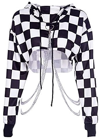 YINGWIN Women Gothic Reflective Print Hoodies Crop Top Pullover Sweatshirt Jumpers with Chain Women Gothic Punk Hooded Sweatshirt