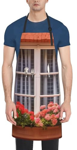 KWQDOZF Schürzen mit Aufschrift „Blumen am Fenster – Ein Hund, der gerne lernt“, wasserdichte Küchenschürze mit Tasche und verstellbarem Halsdesign, 71,1 x 83,8 cm