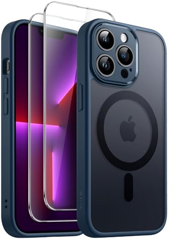 JETech 3 in 1 Magnetic Case for iPhone 13 Pro 6.1-Inch with 2-Pack Tempered Glass Screen Protector, Compatible with MagSafe, Translucent Matte Back Shockproof Phone Cover (Storm Blue)