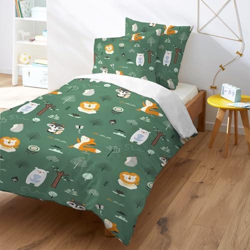 Yasida BettwäSche Wald Dunkelgrün 135x200 BettwäSche Waldtiere Mit Niedlichen Motiven Von Löwe Fuchs Und Eisbär FüR Jungen/MäDchen Kinder Mikrofaser BettwäSche 135x200 Mit 1 Kopfkissenbezug 80x80cm