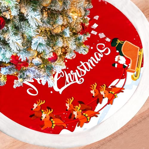 Kalolary 120CM Base Albero Natale, Rosso Peluche Tappetino per Albero Babbo Natale Alce Fiocchi di Neve Rustico Design Copertura Base Albero per Albero di Natale Decorazione Natalizia