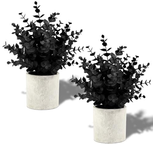 Coferset Lot de 2 petites plantes d'eucalyptus artificielles en pot pour décorations d'Halloween, étagère, bureau, maison, ferme, table basse, décoration de salle de bain (noir)